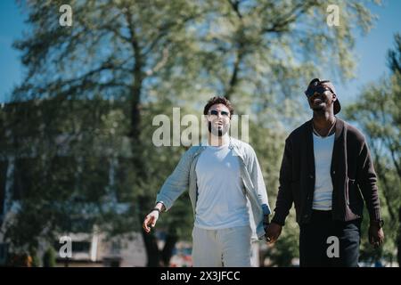 Jeune couple gay multiracial profitant d'une journée ensoleillée dans le parc, se tenant la main et souriant Banque D'Images