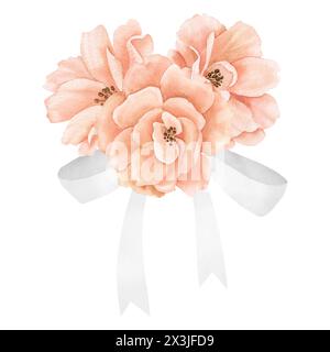 Aquarelle Rose fleurs dans des couleurs rose pêche pastel avec ruban blanc. Illustration florale pour invitations de mariage ou cartes de voeux sur fond isolé. Composition botanique pour icône ou logo. Banque D'Images