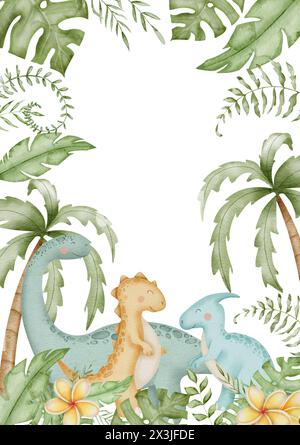 Cadre aquarelle avec dinosaures. Illustration avec des feuilles de dinosaure et de palmier pour des cartes de voeux de douche de bébé ou des invitations d'anniversaire. Modèle pour affiches de pépinière enfantine avec des animaux mignons. Frontière pour les enfants Banque D'Images