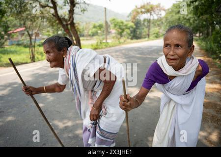 Morigaon, Assam, Inde. 26 avril 2024. Les femmes âgées reviennent après avoir voté lors de la deuxième phase des élections générales indiennes dans un bureau de vote le 26 avril 2024 à Morigaon, Assam, Inde. L'élection générale indienne, un exercice démocratique massif, a lieu tous les cinq ans pour élire les membres de la Lok Sabha, qui est la chambre basse du Parlement indien. Crédit : David Talukdar/Alamy Live News Banque D'Images
