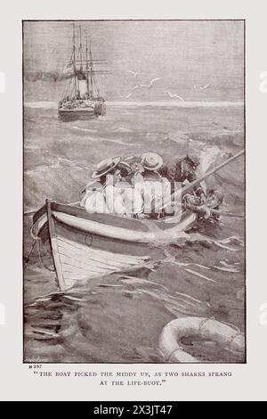 Plaque illustrative du cadet naval par Gordon stables Circa 1898. Illustration de William Rainey. Représente des marins sauvant un cadet de la mer. Banque D'Images