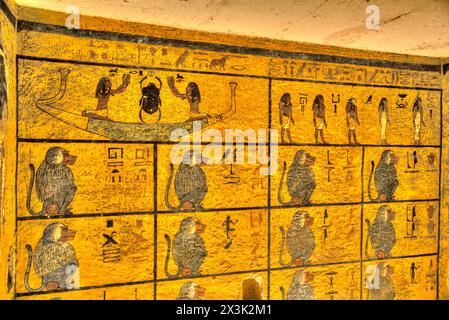 Babouins, mur de l'Ouest, tombe de Toutankhamon, KV #62, Vallée des Rois, site du patrimoine mondial de l'UNESCO, Louxor, Égypte Banque D'Images