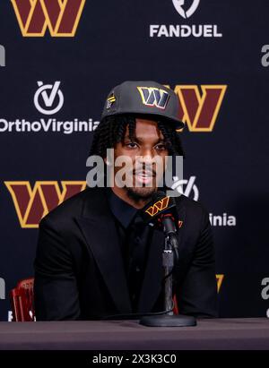 Choix numéro 2 du premier tour des commandants de Washington lors de la draft 2024 de la NFL, le quarterback Jayden Daniels s'adresse aux médias locaux lors d'une conférence de presse au centre d'entraînement des commandants à Ashburn, en Virginie, le 26 2024 avril (Alyssa Howell/image of Sport) Banque D'Images
