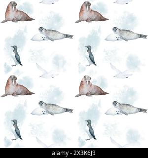 Aquarelle modèle sans couture avec illustration de phoque d'animaux de la mer arctique, mouette blanche, morse, sur fond bleu et blanc abstrait. Pour enfants Banque D'Images