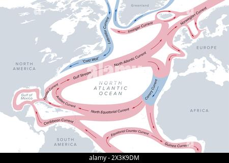 Carte du Gulf Stream et des principaux courants de l'océan Atlantique Nord. L'eau de mer circule dans le sens des aiguilles d'une montre, les courants chauds en rouge, le froid en bleu. Banque D'Images