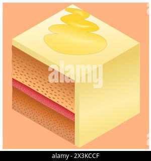 Le cube de dessert avec glaçage à la massepain et crème fouettée sur le dessus Illustration de Vecteur