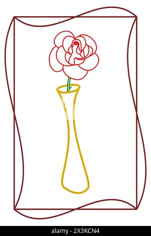 Le contour d'une rose rouge dans un vase jaune dans un cadre ondulé Illustration de Vecteur