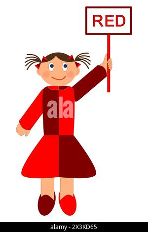 L'illustration de bande dessinée d'une petite fille habillée alternativement dans deux nuances de rouge et tenant une bannière - rouge Illustration de Vecteur