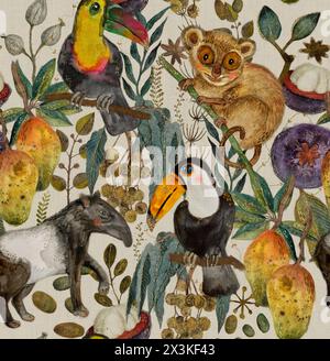 Aquarelle sans couture motif tropical avec des animaux et des plantes sur un fond clair Banque D'Images