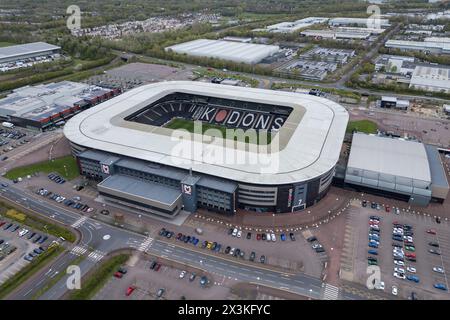 Vue aérienne du stade MK, terrain de la MK dons à Milton Keynes, Royaume-Uni. Banque D'Images