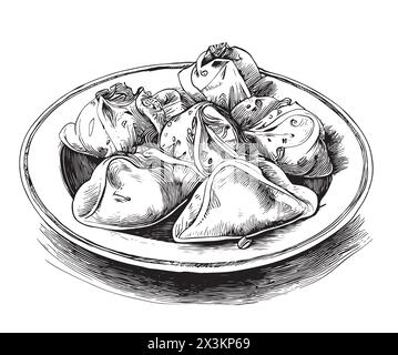 Illustration d'encre vectorielle dessinée à la main. Plat de ravioli pelmeni pierogi vareniki gyoza manti wonton. Pour le menu du restaurant, le magasin d'alimentation et le forfait, flyer, imprimer. Illustration de Vecteur