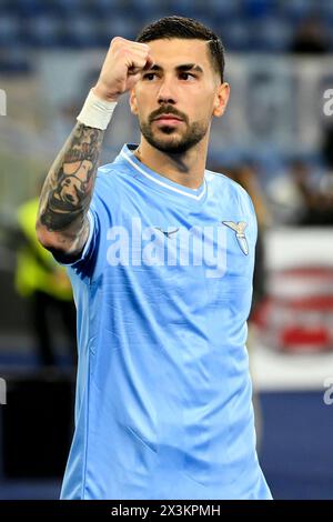 Rome, Italie. 27 avril 2024. Mattia Zaccagni de SS Lazio célèbre à la fin de la Serie A match de football entre SS Lazio et Hellas Vérone au stade Olimpico à Rome (Italie), le 27 avril 2024. Crédit : Insidefoto di andrea staccioli/Alamy Live News Banque D'Images
