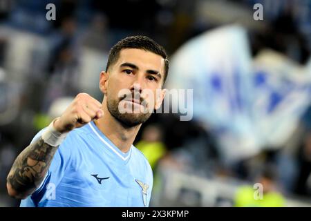 Rome, Italie. 27 avril 2024. Mattia Zaccagni de SS Lazio célèbre à la fin de la Serie A match de football entre SS Lazio et Hellas Vérone au stade Olimpico à Rome (Italie), le 27 avril 2024. Crédit : Insidefoto di andrea staccioli/Alamy Live News Banque D'Images