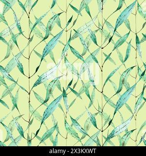 branches d'eucalyptus motif sans couture sur un fond vert, dessiné à l'aquarelle pour les cartes Banque D'Images