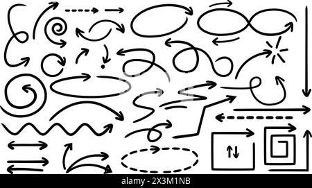 Collection de flèches dessinées à main levée. Ensemble de flèches simples isolées sur fond blanc. Flèches dessinées à la main. Ressources graphiques vectorielles pour la conception. Illustration de Vecteur