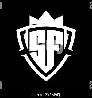 SF lettre gras monogramme avec forme de bouclier courbe triangulaire avec modèle de conception de couleur de fond blanc et noir couronne Banque D'Images
