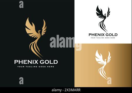 Golden Wings Phoenix Bird Falcon Hawk Dove Wings Design avec fond noir, blanc, or Illustration de Vecteur