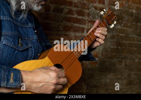 Homme adulte avec de longs cheveux gris jouant un «cuatro», un concept d'instrument typique vénézuélien de musique et d'instruments typiques. Banque D'Images
