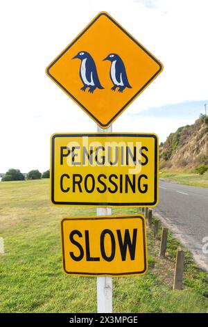 Panneau de croisement des pingouins à Oamaru Blue Penguin Colony, Waterfront Road, Oamaru, Otago, Île du Sud, nouvelle-Zélande Banque D'Images