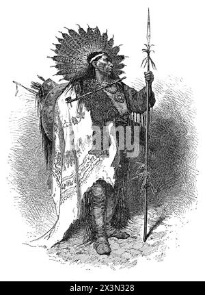 Gravure vintage 1868 d'un chef amérindien en robe de guerre complète - nation non spécifiée. Banque D'Images