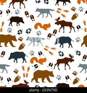 Vector Seamless Pattern Wild Animals Paw Tracks, silhouettes d'orignal, écureuil, sanglier, loup, bear. Toile de fond des empreintes de pas. Illustration avec traces. Wi Illustration de Vecteur