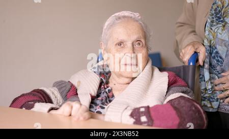Femme âgée regardant la caméra assise en fauteuil roulant Banque D'Images