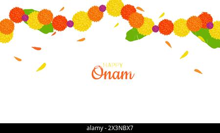 Onam Indian Festival Kerala State. Motifs floraux. Guirlande de fleurs. Joyeuses vacances à Onam. Conception de bannière d'affiche. Illustration vectorielle. Illustration de Vecteur