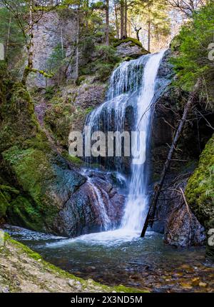 Belle randonnée de printemps à la cascade de Niedersonthofen à travers le Falltobel près de Niedersonthofen dans l'Allgau Banque D'Images