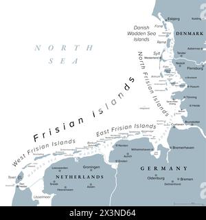 Îles frisonnes, carte politique grise. Îles de la mer des Wadden, archipel en mer du Nord en Europe, s'étendant des pays-Bas au Danemark en passant par l'Allemagne. Banque D'Images