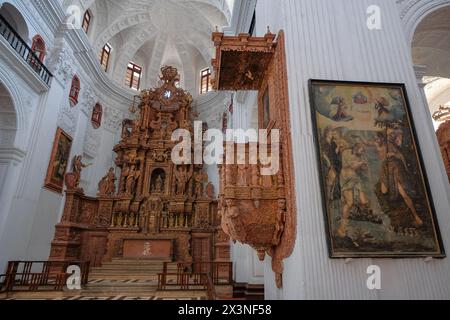 Old Goa, Inde - 2 février 2024 : intérieur de l'église de Saint Cajetan, connue sous le nom d'église de la Divine Providence à Old Goa, Inde. Banque D'Images