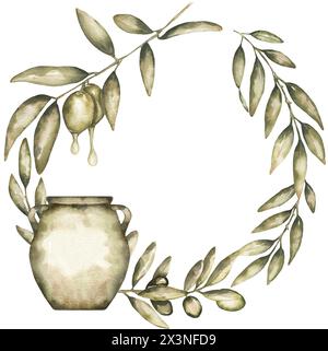 Couronne d'olive aquarelle avec bouteille d'huile d'olives vertes couronne clipart. Illustration botanique isolée dessinée à la main. Peut être utilisé pour les cartes, emblèmes, logos Banque D'Images