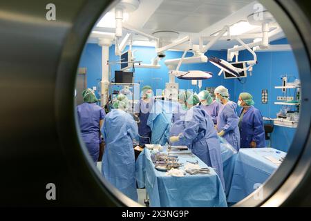 Chirurgie de remplacement de la hanche, chirurgie orthopédique et traumatique, chirurgien, salle d'opération, hôpital Donostia, Saint-Sébastien, Donostia, Gipuzkoa, Basque Coun Banque D'Images