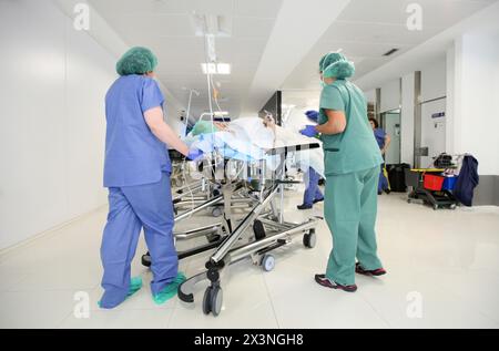 Transport par civière, chirurgie d'urgence, salle d'opération, hôpital Donostia, Saint-Sébastien, Donostia, Gipuzkoa, pays Basque, Espagne Banque D'Images