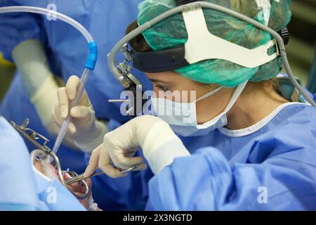 Amygdalectomie, chirurgiens effectuant une chirurgie d'ablation des amygdales, ORL, salle d'opération d'oto-rhino-laryngologie, Hôpital Donostia, Saint-Sébastien, Gipuz Banque D'Images