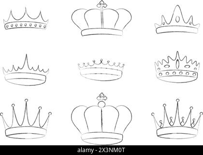 Ensemble de craie élégante couronne royale. Symboles du couronnement impérial royal. Icônes isolées dans le style de peinture de texture de contour. Illustration vectorielle Illustration de Vecteur