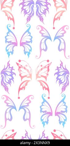 Vecteur sans couture motif magique doux avec des silhouettes dégradées d'ailes de fée dans des couleurs pastel sur un fond blanc. Texture néon avec ailes papillon Illustration de Vecteur