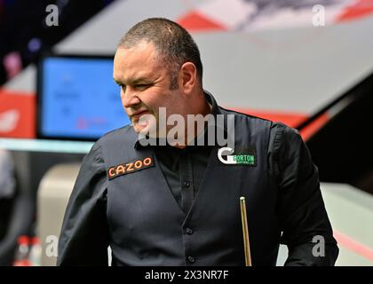 Stephen Maguire réagit lors des Championnats du monde Cazoo 2024 au Crucible Theatre, Sheffield, Royaume-Uni, le 28 avril 2024 (photo de Cody Froggatt/News images) Banque D'Images