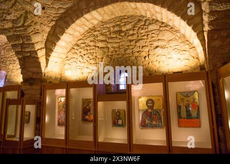 Icônes, musée, monastère de St Stephen, Météores, UNESCO World Heritage Site, Thessalie, Grèce Banque D'Images