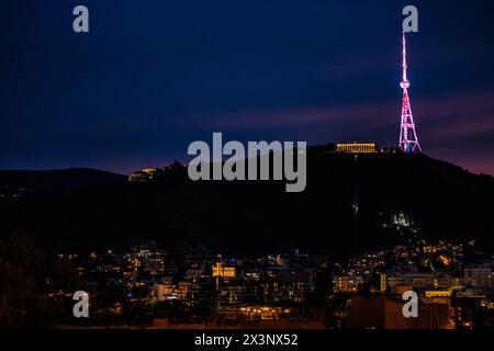 Vue sur Tbilissi (Géorgie), la colline de Mtatsminda et la tour de télévision de Tbilissi la nuit Banque D'Images