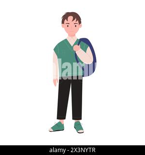 Garçon de collège tenant le sac à dos sur l'épaule, personnage masculin debout et illustration vectorielle souriante Illustration de Vecteur