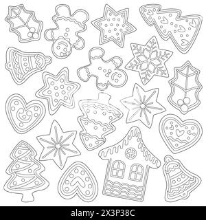 Noël différents biscuits en pain d'épices. Sapins et cônes, étoiles, boules. Illustration d'hiver sur fond blanc. Pour livre de coloriage. Illustration vectorielle Illustration de Vecteur