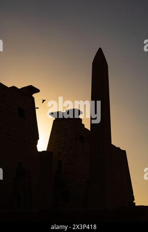 Premier pylône et obélisque de Ramsès II en silhouette du soleil couchant. Temple de Louxor, Louxor, Égypte Banque D'Images