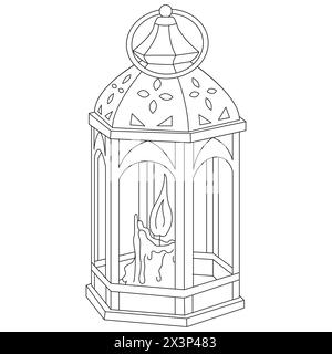 Lampe lanterne avec dessin animé vecteur de bougie isolé sur un fond blanc. Dessin au trait. Illustration en noir et blanc. Coloriage pour enfants et adultes. Illustration vectorielle Illustration de Vecteur