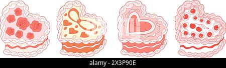 Ensemble de gâteau en forme de coeur mignon avec cerise. Coquette de collection de gâteaux. Un dessert sucré dans le style de y2k. Illustration vectorielle Illustration de Vecteur