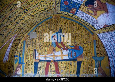 Dieu Anubis s'occupant de Pharaon, peintures murales, tombeau de Khaemteri, TT220, tombeaux de Deir el-Medina, Thèbes, site du patrimoine mondial de l'UNESCO, Louxor, Égypte Banque D'Images