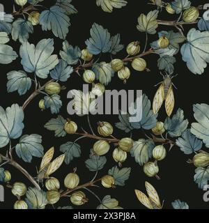 Motif floral sans couture avec des branches et des baies de groseilles à maquereau et cigales sur un fond noir. Banque D'Images