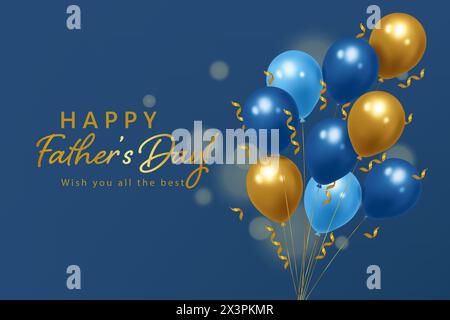 Ballons festifs bleus et dorés réalistes. Modèle Happy Pathers Day, illustration vectorielle réaliste 3D. Illustration de Vecteur
