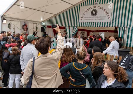 La foire Feria de abril de Catalogne, qui en est à sa 51e édition, remplit le Parc del Fòrum de Barcelone de Sevillanas, de vêtements andalous typiques, de danse et de nourriture, dans un événement créé par des immigrants andalous venus en Catalogne, qui attire aujourd’hui également l’attention des touristes visitant la ville. La tradicional feria de abril de Cataluña, que ya va por su 51ª edición, llena el Parc del Fòrum de Barcelona de sevillanas, trajes típicos andaluces, baile y comida, en un evento creado por los inmigrantes andaluces que vinieron a Cataluña, que hoy en día también atrae las miradas de los tur Banque D'Images