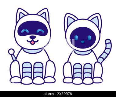 Robot chat et chien. Animaux électroniques de dessin animé mignons, illustration vectorielle kawaii simple. Illustration de Vecteur