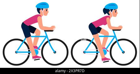 Homme et femme chevauchant des vélos de sport, illustration vectorielle plate. Cyclistes masculins et féminins, style de dessin animé simple. Illustration de Vecteur